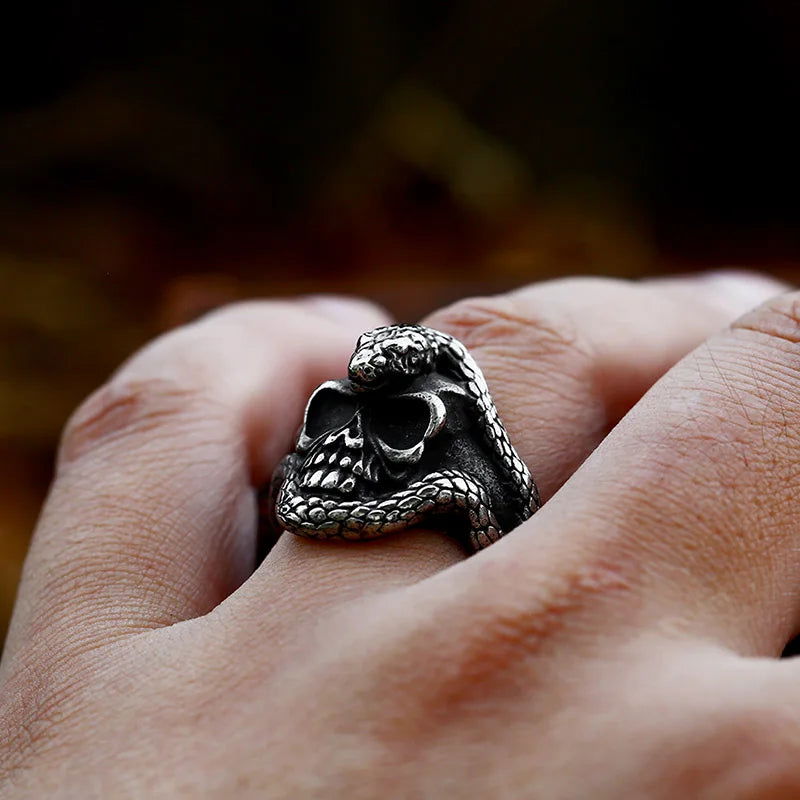 Gothic Snake Skull Ring Mens - Stainless Steel Silver - Unisex - That Rock Aesthetic