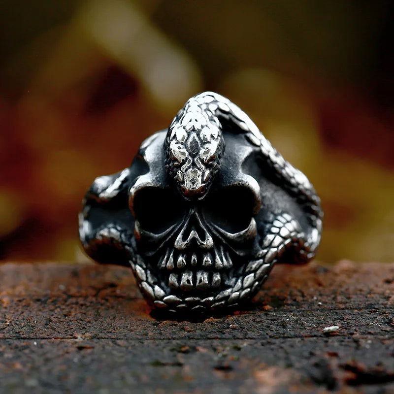 Gothic Snake Skull Ring Mens - Stainless Steel Silver - Unisex - That Rock Aesthetic