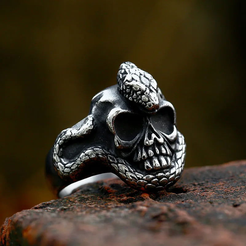 Gothic Snake Skull Ring Mens - Stainless Steel Silver - Unisex - That Rock Aesthetic