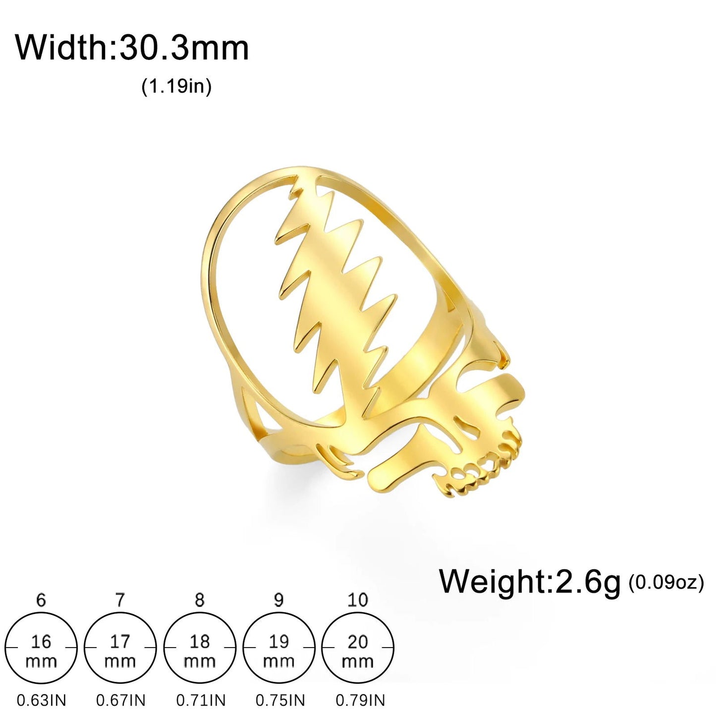 Grateful Dead Ring Lightning Skull Steal Your Face Logo Rock Band Music Ring - Stainless Steel Silver & Gold - Unisex - That Rock Aesthetic