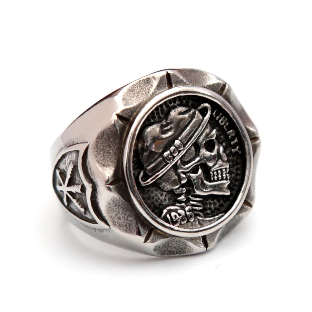 Hobo Nickel Liberty Skull Americana Mens Signet Ring - Stainless Steel Silver - Unisex - That Rock Aesthetic
