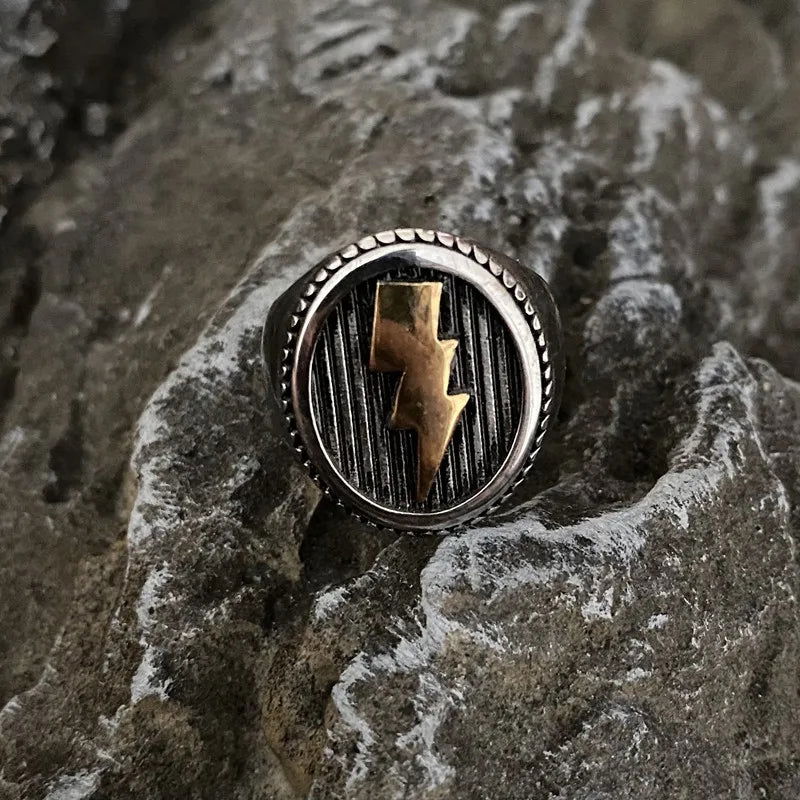 Lightning Bolt Round Mens Signet Ring - Stainless Steel Silver & Gold - Unisex - That Rock Aesthetic