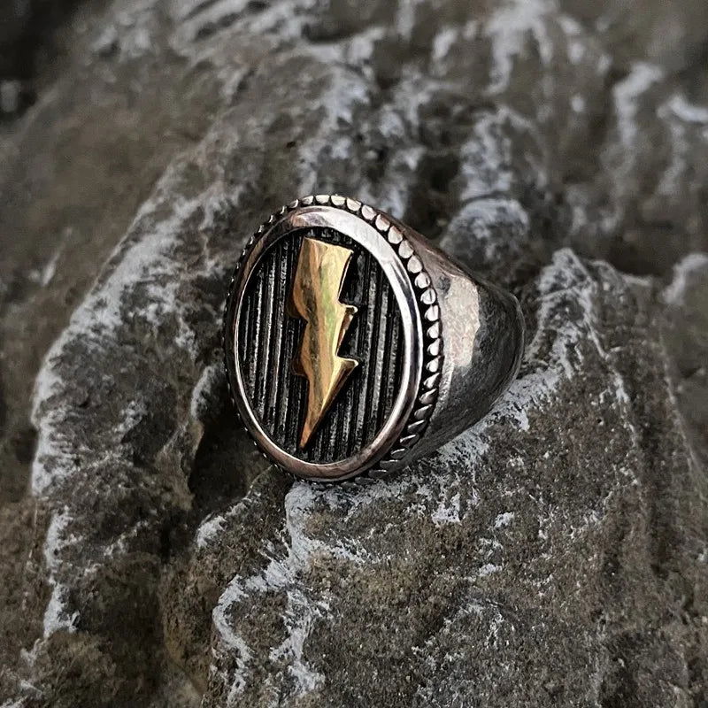 Lightning Bolt Round Mens Signet Ring - Stainless Steel Silver & Gold - Unisex - That Rock Aesthetic
