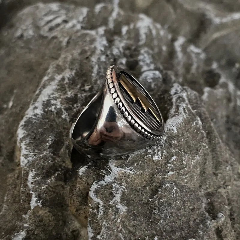 Lightning Bolt Round Mens Signet Ring - Stainless Steel Silver & Gold - Unisex - That Rock Aesthetic