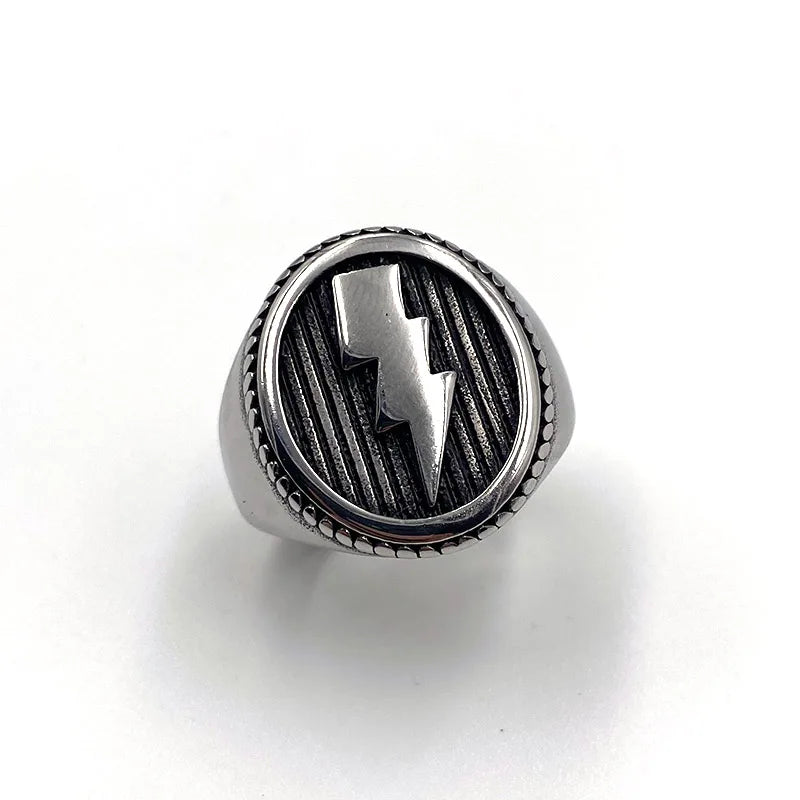Lightning Bolt Round Mens Signet Ring - Stainless Steel Silver & Gold - Unisex - That Rock Aesthetic