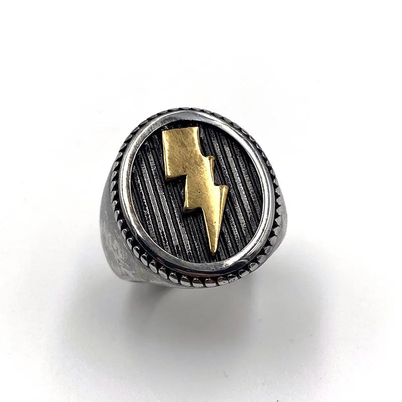 Lightning Bolt Round Mens Signet Ring - Stainless Steel Silver & Gold - Unisex - That Rock Aesthetic