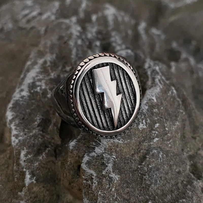 Lightning Bolt Round Mens Signet Ring - Stainless Steel Silver & Gold - Unisex - That Rock Aesthetic