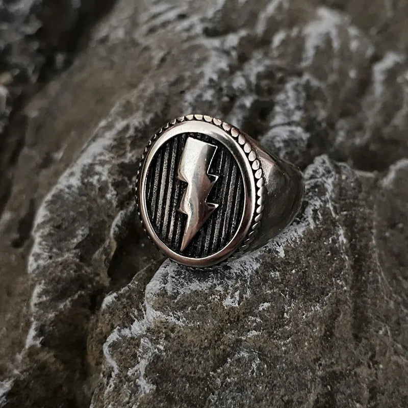 Lightning Bolt Round Mens Signet Ring - Stainless Steel Silver & Gold - Unisex - That Rock Aesthetic