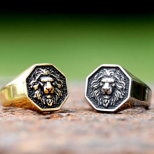 Lion Head Mens Signet Ring - Stainless Steel Silver & Gold - Unisex - That Rock Aesthetic