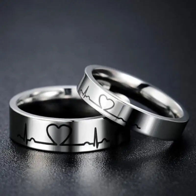 Love Heartbeat Couples Rings Valentines - Titanium Steel Silver - Unisex - That Rock Aesthetic