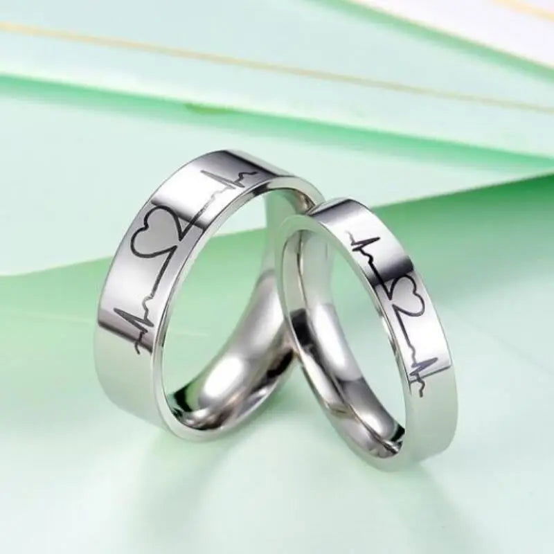 Love Heartbeat Couples Rings Valentines - Titanium Steel Silver - Unisex - That Rock Aesthetic
