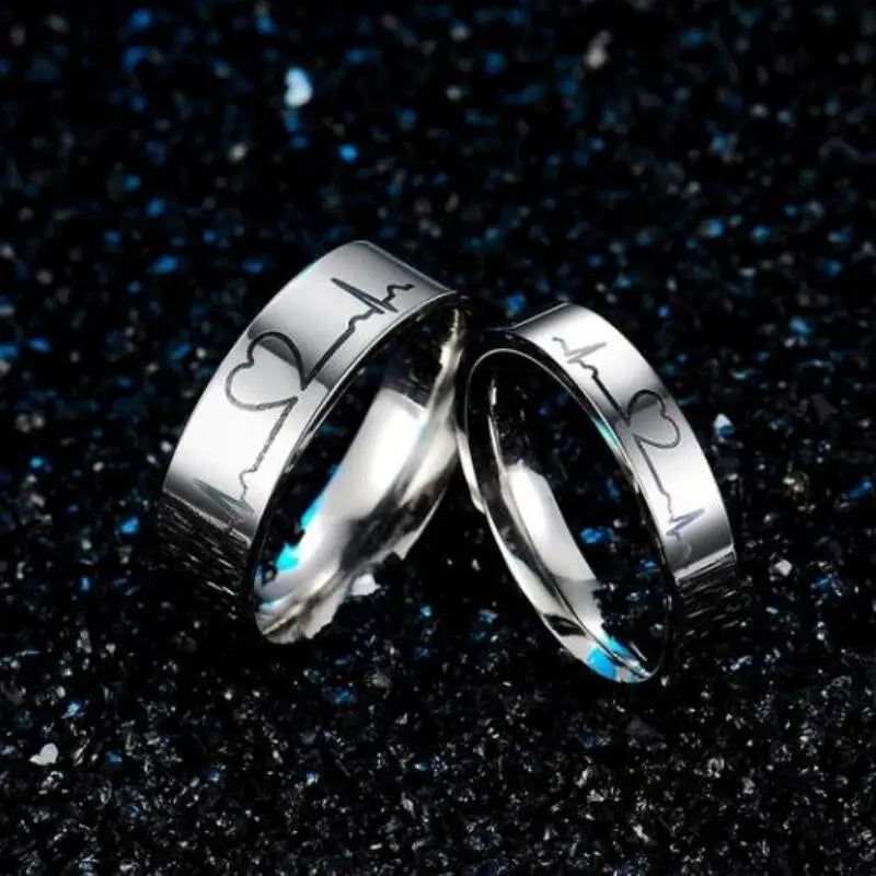Love Heartbeat Couples Rings Valentines - Titanium Steel Silver - Unisex - That Rock Aesthetic