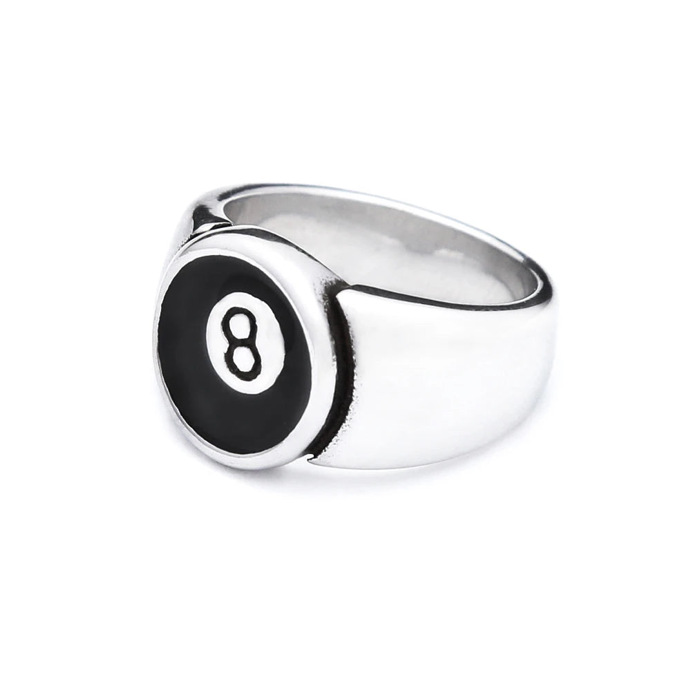 Lucky Magic 8 Ball Ring Mens Pool Billiards - Stainless Steel Silver & Black - Unisex - That Rock Aesthetic