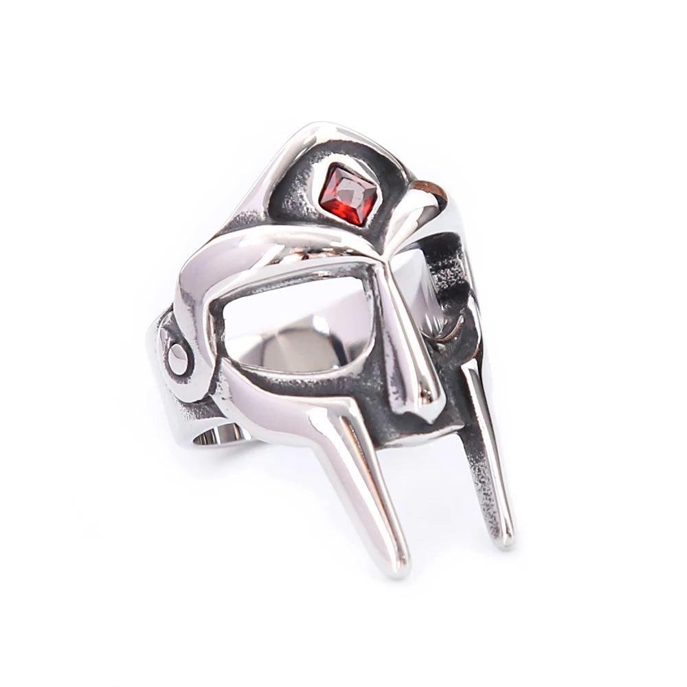 MF DOOM Ring - Mask with Red Diamond Mens Hip Hop Ring - Stainless Steel Silver - Unisex - That Rock Aesthetic