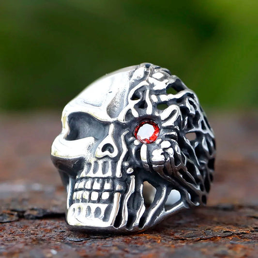 Melting Skull Cyborg Red Eye Terminator Ring Mens - Stainless Steel Silver - Unisex - That Rock Aesthetic