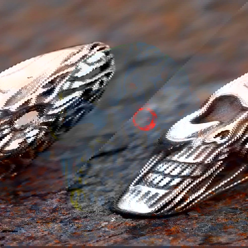Melting Skull Cyborg Red Eye Terminator Ring Mens - Stainless Steel Silver - Unisex - That Rock Aesthetic