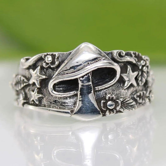 Boho Hippie Silver Mushroom Ring with Stars - Unisex - That Rock Aesthetic