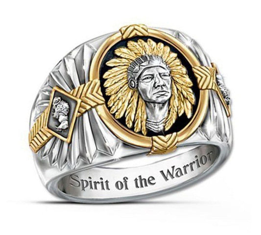 Native American Indian Chief Mens Ring - Spirit of the Warrior - Stainless Steel Silver & Gold - Unisex - That Rock Aesthetic