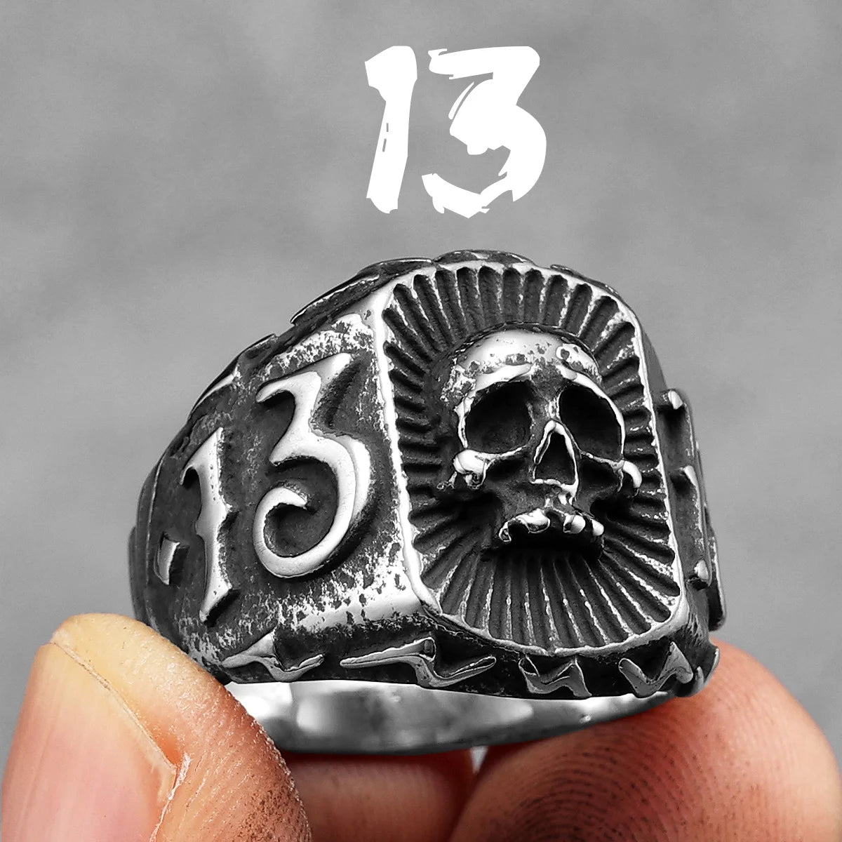 Number 13 Mens Skull Ring Thirteen - Stainless Steel Silver & Black - Unisex - That Rock Aesthetic
