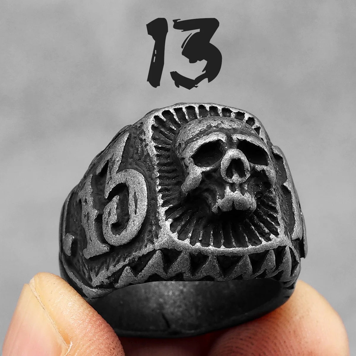 Number 13 Mens Skull Ring Thirteen - Stainless Steel Silver & Black - Unisex - That Rock Aesthetic