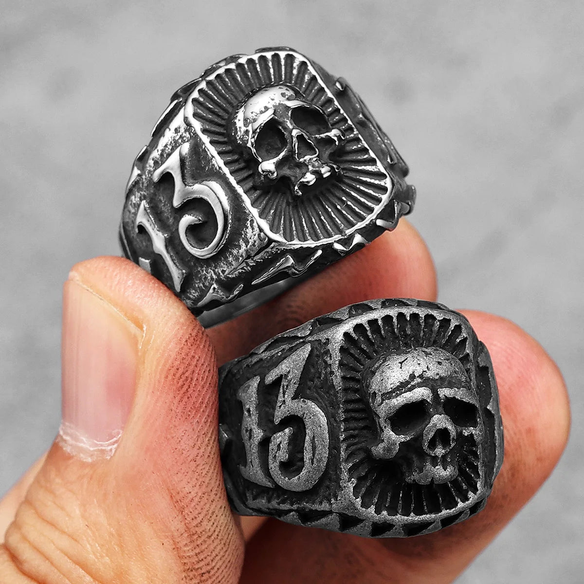 Number 13 Mens Skull Ring Thirteen - Stainless Steel Silver & Black - Unisex - That Rock Aesthetic
