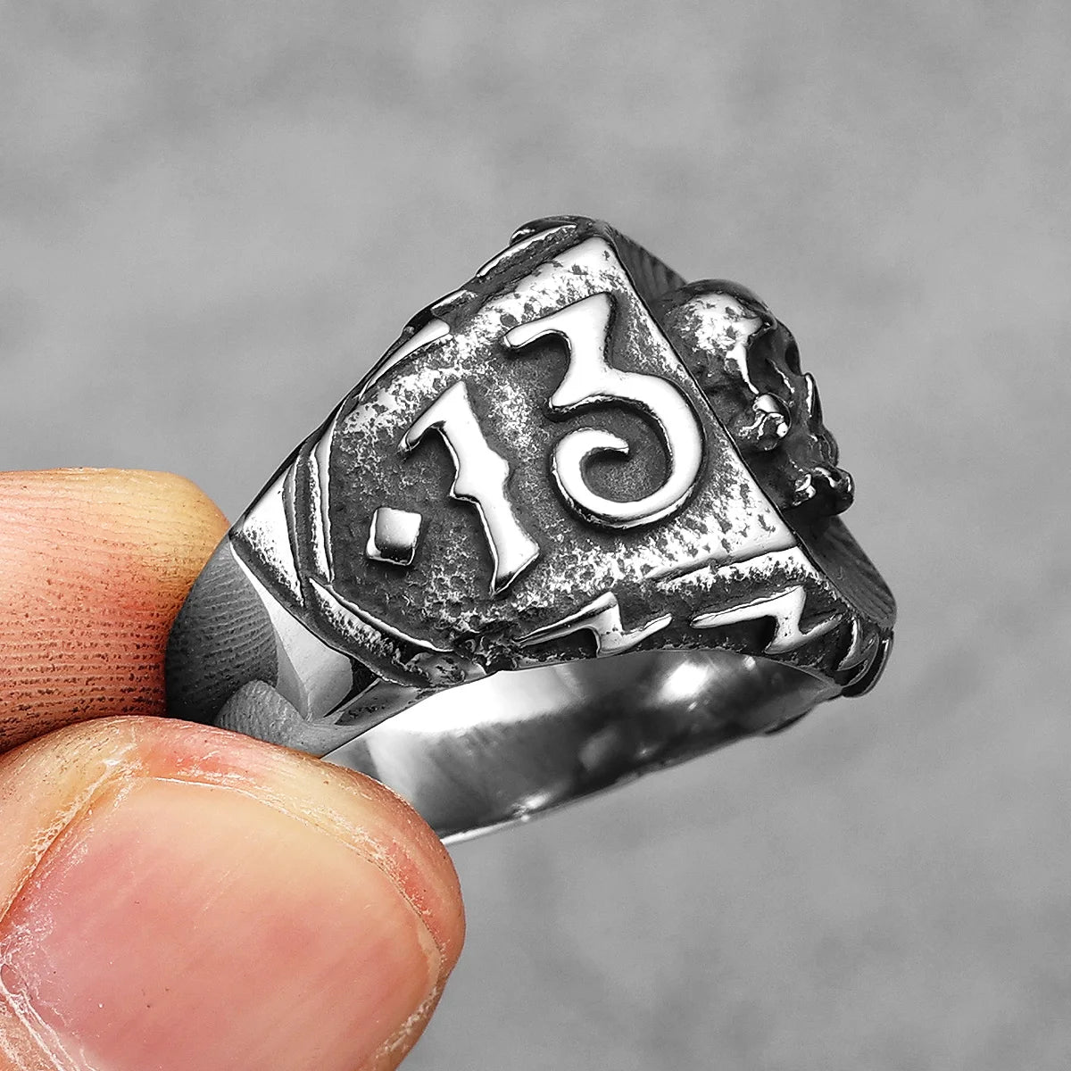 Number 13 Mens Skull Ring Thirteen - Stainless Steel Silver & Black - Unisex - That Rock Aesthetic