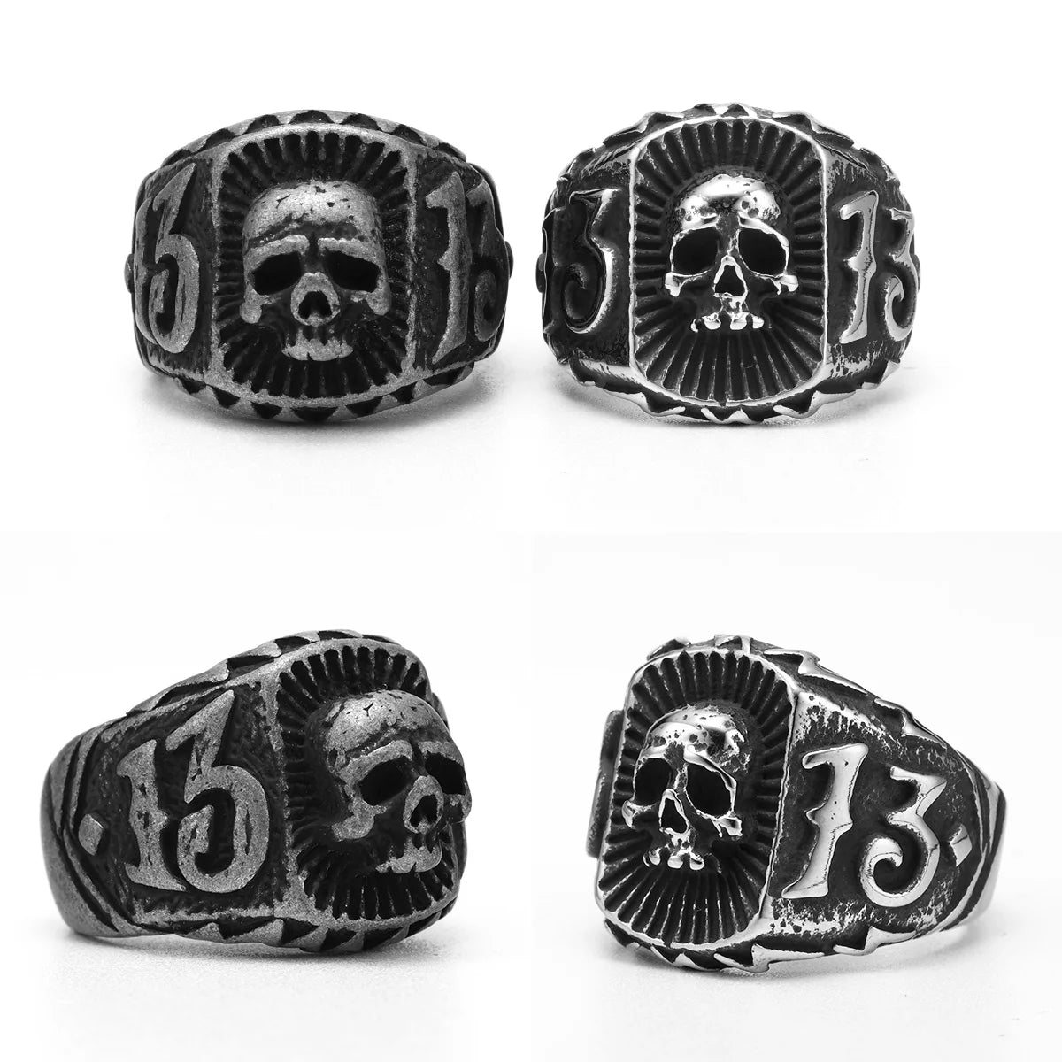 Number 13 Mens Skull Ring Thirteen - Stainless Steel Silver & Black - Unisex - That Rock Aesthetic