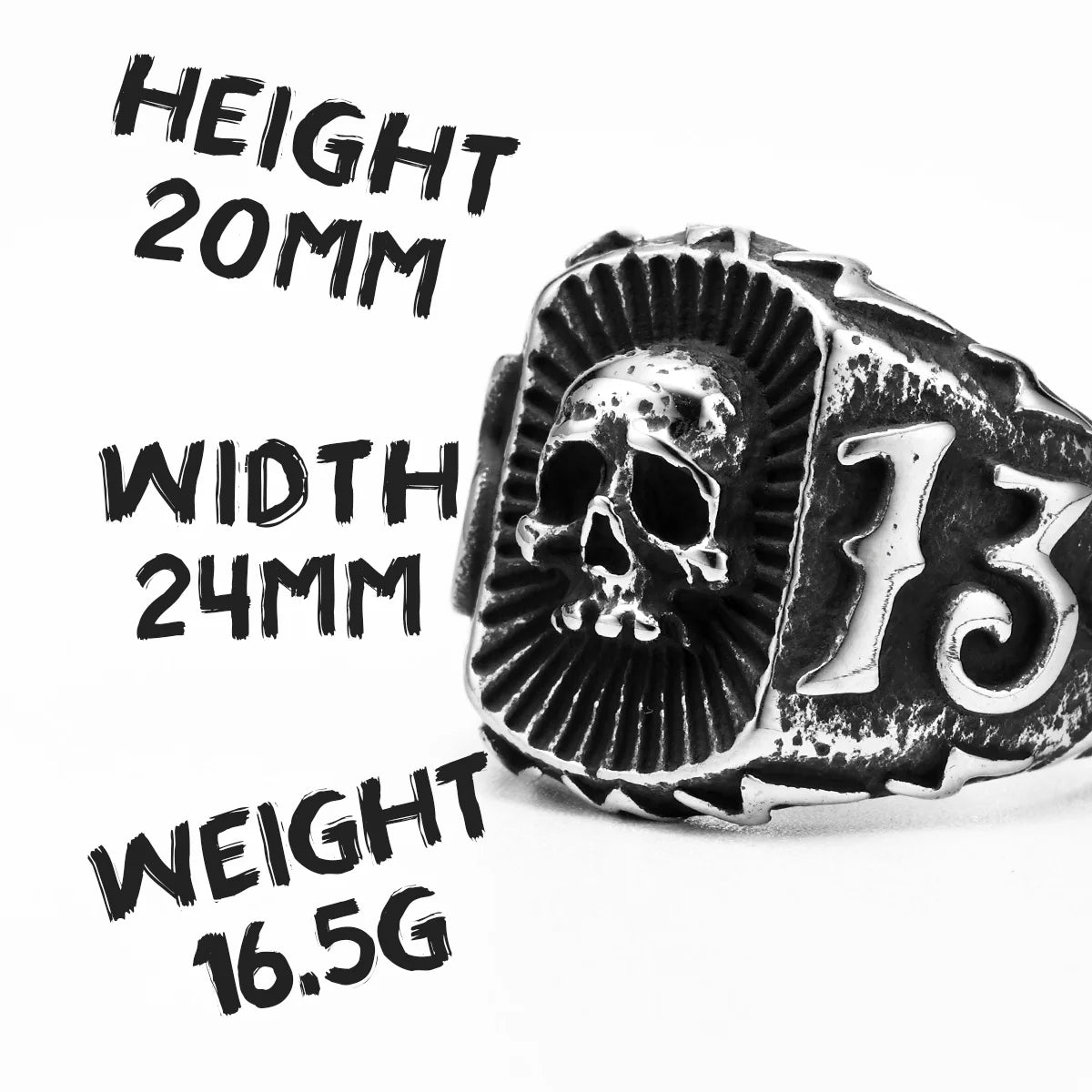 Number 13 Mens Skull Ring Thirteen - Stainless Steel Silver & Black - Unisex - That Rock Aesthetic
