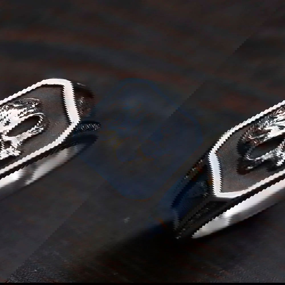Onyx Black Signet Mens Skull Ring - Stainless Steel Silver - Unisex - That Rock Aesthetic