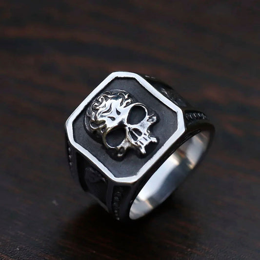 Onyx Black Signet Mens Skull Ring - Stainless Steel Silver - Unisex - That Rock Aesthetic
