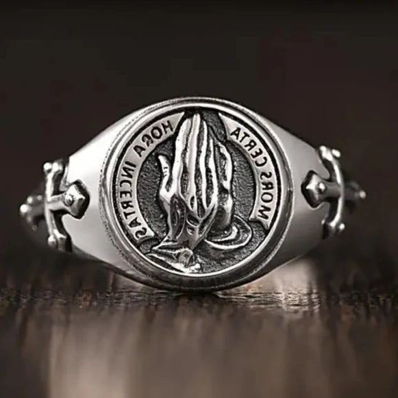 Praying Hands Mens Cross Ring - Silver - Unisex - Adjustable - That Rock Aesthetic