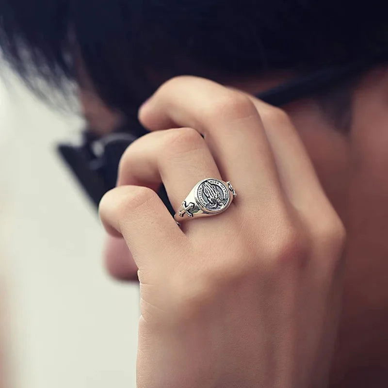 Praying Hands Mens Cross Ring - Silver - Unisex - Adjustable - That Rock Aesthetic