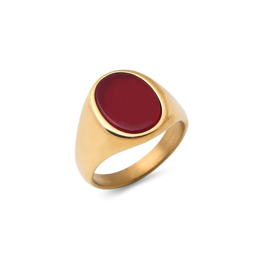 Red Onyx Round Mens Gemstone Ring - Stainless Steel Gold - Unisex - That Rock Aesthetic
