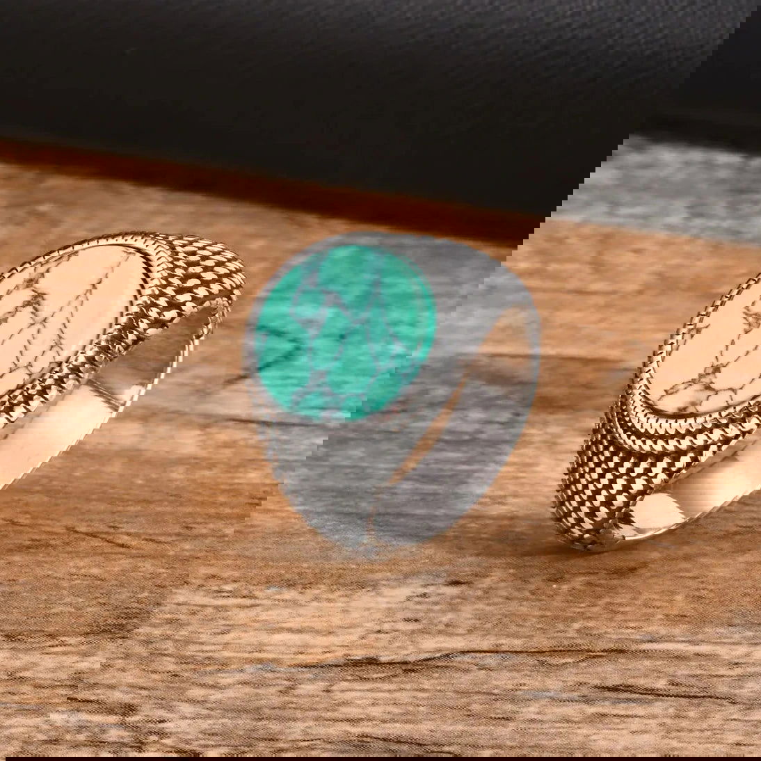 Round Marbled Mens Turquoise Ring Stainless Steel Silver