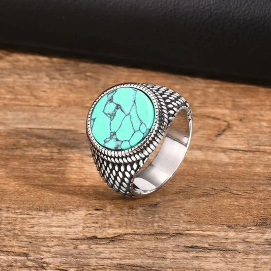 Round Marbled Mens Turquoise Ring - Stainless Steel Silver - Unisex - That Rock Aesthetic