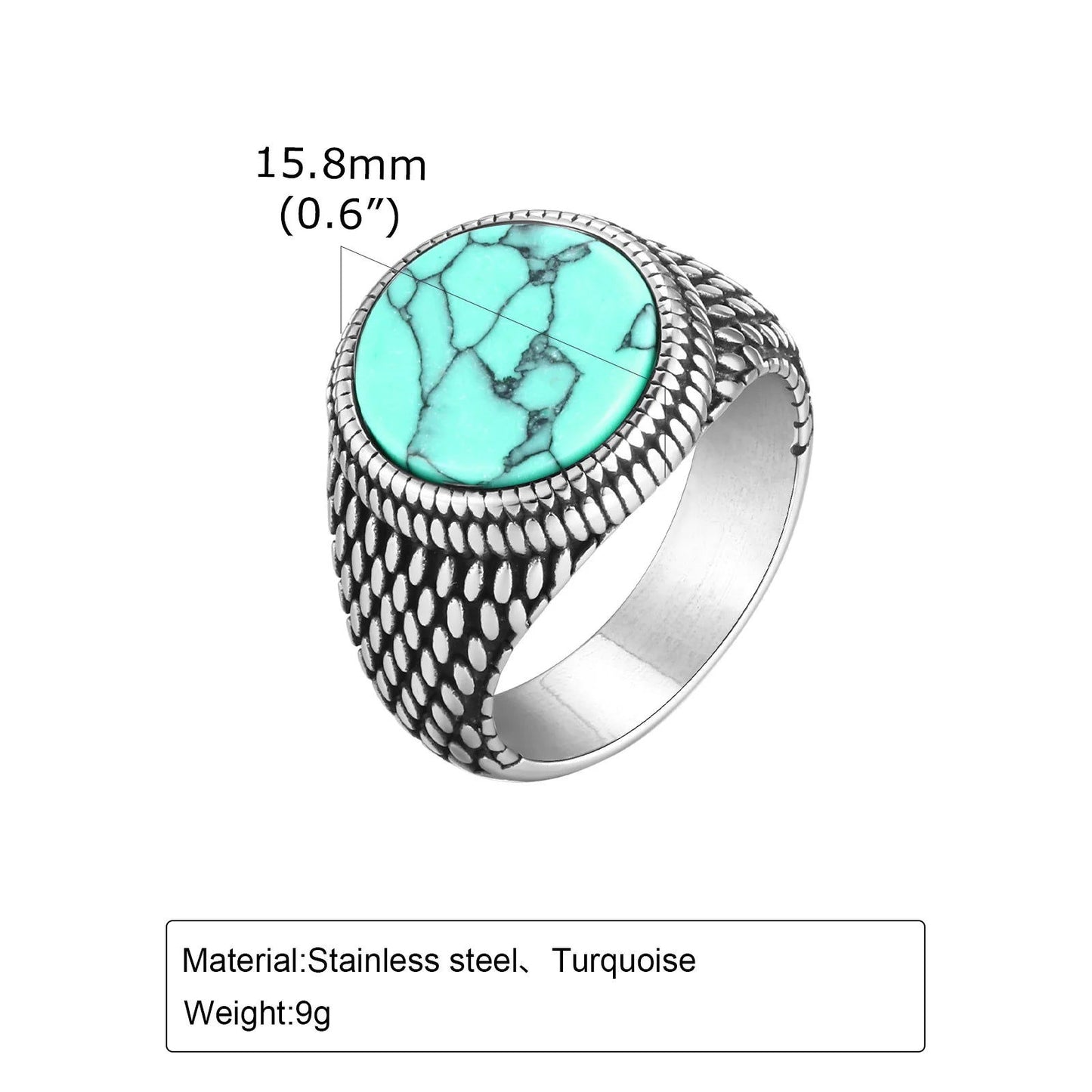 Round Marbled Mens Turquoise Ring - Stainless Steel Silver - Unisex - That Rock Aesthetic