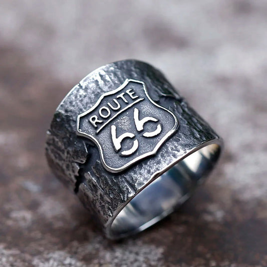 Route 66 Outlaw Biker Ring Mens - Stainless Steel Silver - Unisex - That Rock Aesthetic