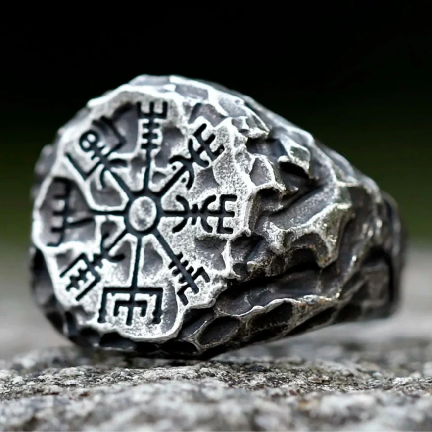 Rugged Norse Viking Compass Ring Mens Vegvisir - Stainless Steel Silver - Unisex - That Rock Aesthetic
