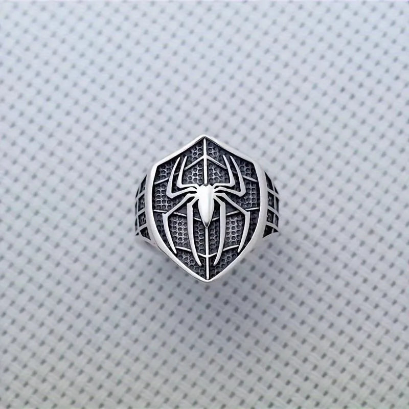 Spiderman Ring Signet Mens Marvel Ring - Silver & Ruby Red - Unisex - Adjustable