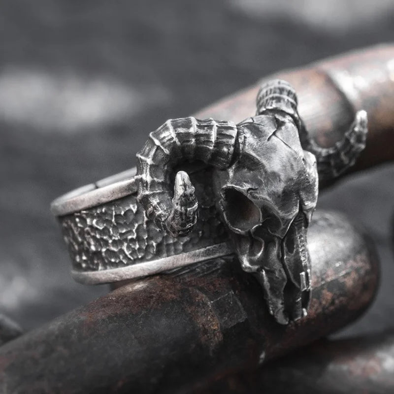 Sheep Ram Skull Mens Ring - Silver - Unisex - Adjustable - That Rock Aesthetic
