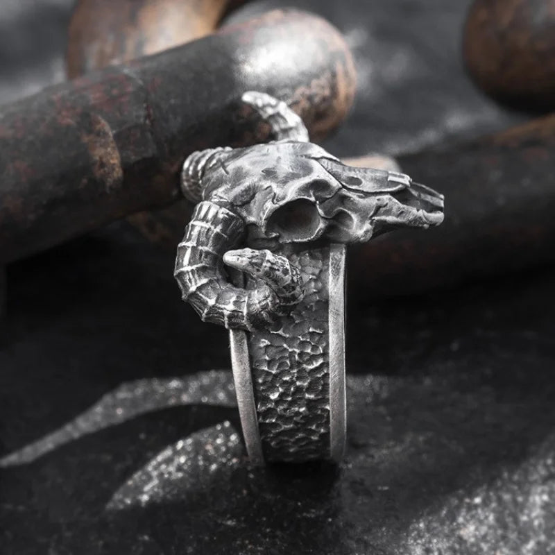 Sheep Ram Skull Mens Ring - Silver - Unisex - Adjustable - That Rock Aesthetic
