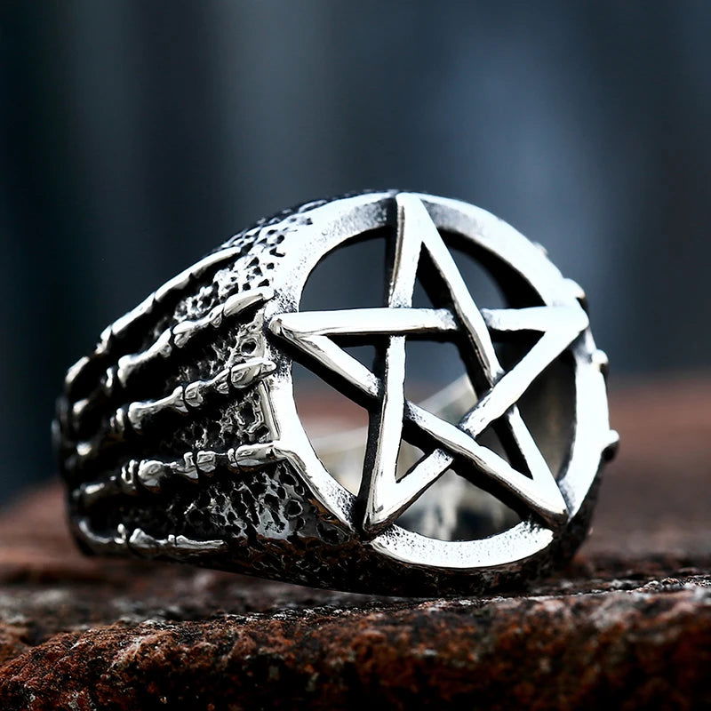 Skeleton Hands Satanic Pentagram Ring Mens - Stainless Steel Silver - Unisex - That Rock Aesthetic