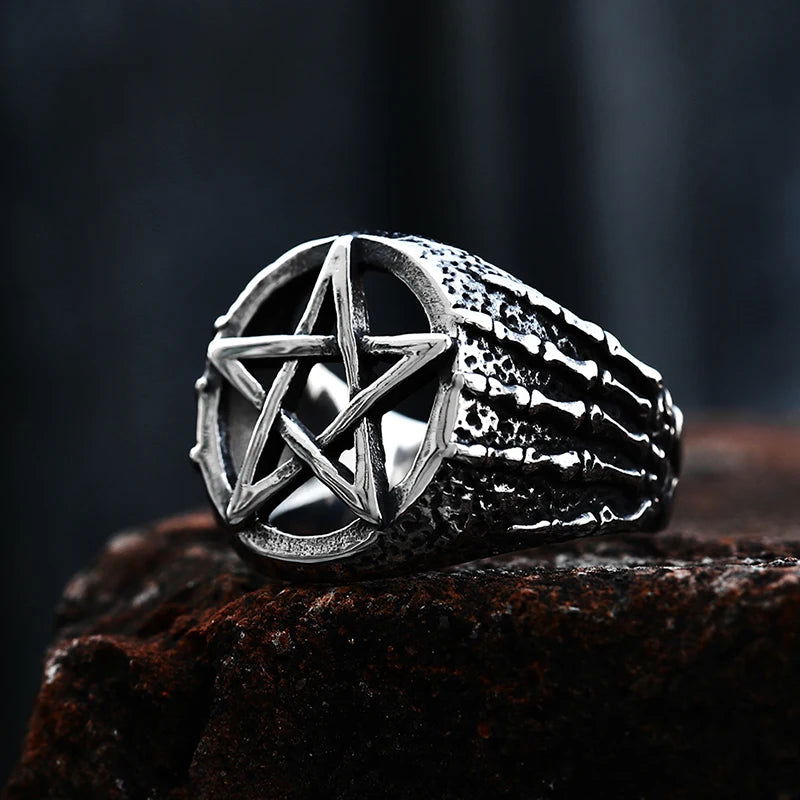 Skeleton Hands Satanic Pentagram Ring Mens - Stainless Steel Silver - Unisex - That Rock Aesthetic
