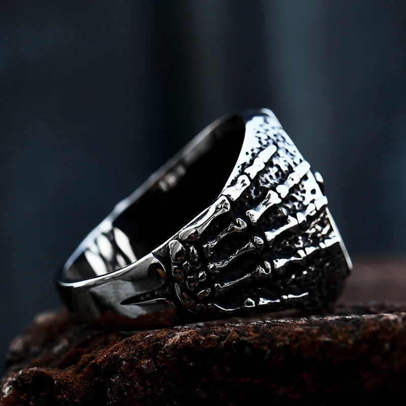 Skeleton Hands Satanic Pentagram Ring Mens - Stainless Steel Silver - Unisex - That Rock Aesthetic