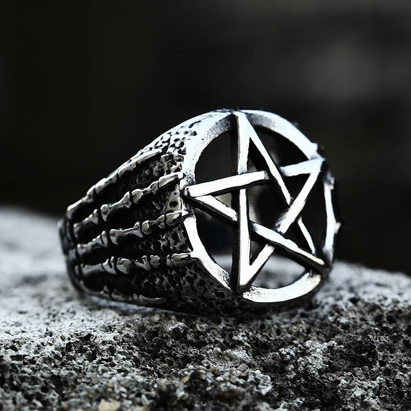 Skeleton Hands Satanic Pentagram Ring Mens - Stainless Steel Silver - Unisex - That Rock Aesthetic