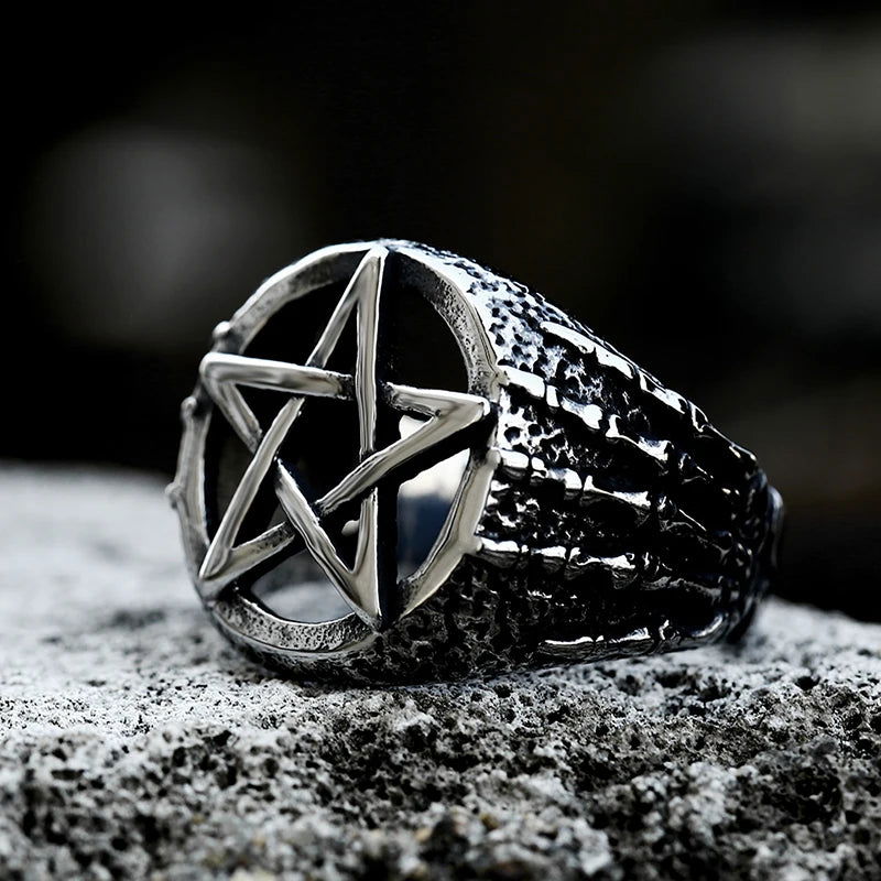 Skeleton Hands Satanic Pentagram Ring Mens - Stainless Steel Silver - Unisex - That Rock Aesthetic