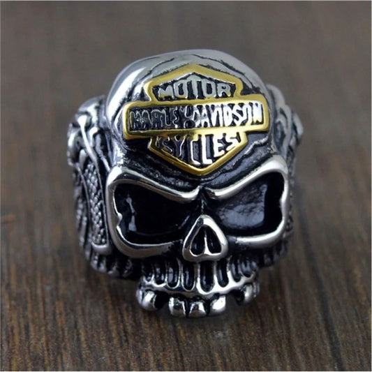 Skull Harley Davidson Ring Mens Biker Pistol Gun - Silver & Gold - Unisex - That Rock Aesthetic