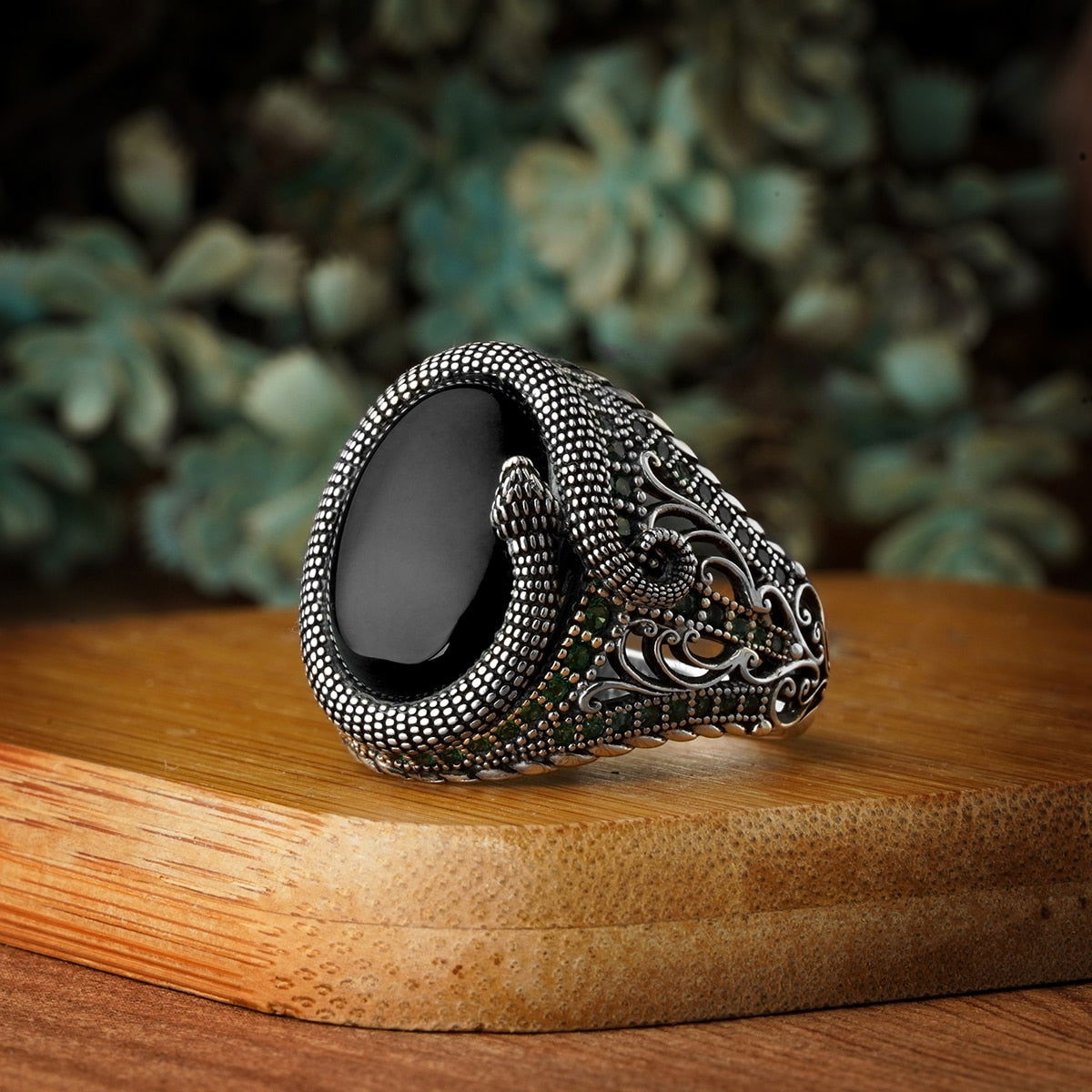 Oval Snake Mens Black Onyx Ring 925 Silver Unisex Adjustable