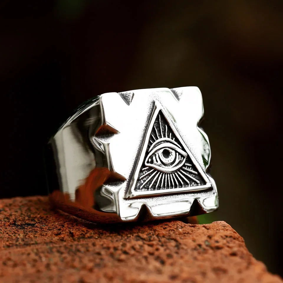 Square All-Seeing Eye of Providence Ring Mens - Illuminati / Eye of God - Triangle Pyramid - Stainless Steel Silver & Gold - Unisex - That Rock Aesthetic