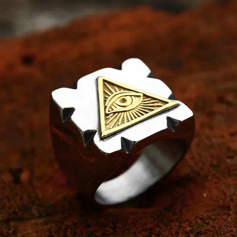 Square All-Seeing Eye of Providence Ring Mens - Illuminati / Eye of God - Triangle Pyramid - Stainless Steel Silver & Gold - Unisex - That Rock Aesthetic